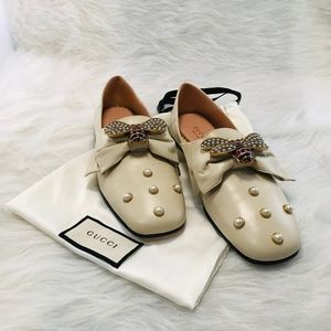 GUCCI Queen Margaret Bee Creme Leather Flats